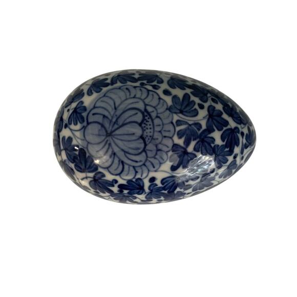 Porcelain Egg Trinket Box Dish Hand Painted Blue White Lotus Flower Asian Taiwan - Picture 4 of 11